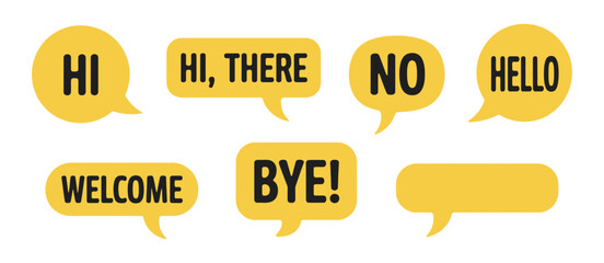Speech Bubble Icons Vector Illustration, hello, hi, welcome, yes, no, bye text stickers, perfect for chat messages, communication apps, social media graphics. © Ayat 03