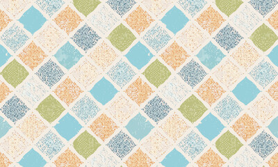 Seamless grunge diamond pattern, Multicolor retro harlequin background with distressed texture, Geometric pastel mosaic tile design