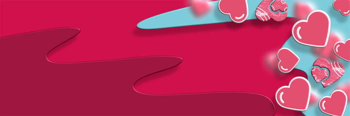 abstract red and blue valentines day banner with flying heart shapes design