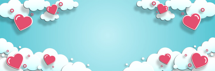 bright blue sky valentines day banner with clouds and floating red hearts