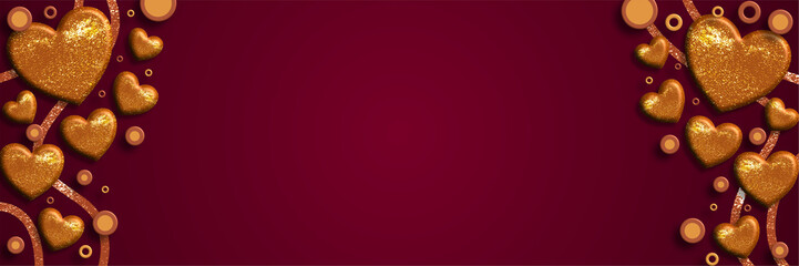 golden hearts valentines day banner with luxury red background and sparkling ornaments