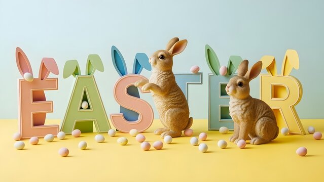Easter bunnies and eggs decorative setup for spring holiday - Powered by Adobe