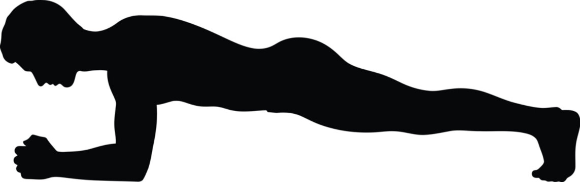 Silhouette graphic illustrating a strong male figure maintaining a perfect forearm plank exercise position engaging the core muscles for fitness training and body conditioning