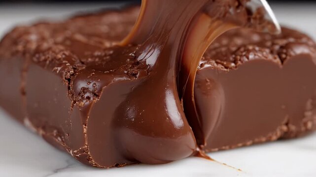 Knife cutting a rich block of dark fudge dessert