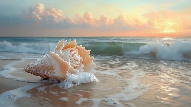 Conch Shell on Sandy Beach at Sunset with Ocean Waves.
