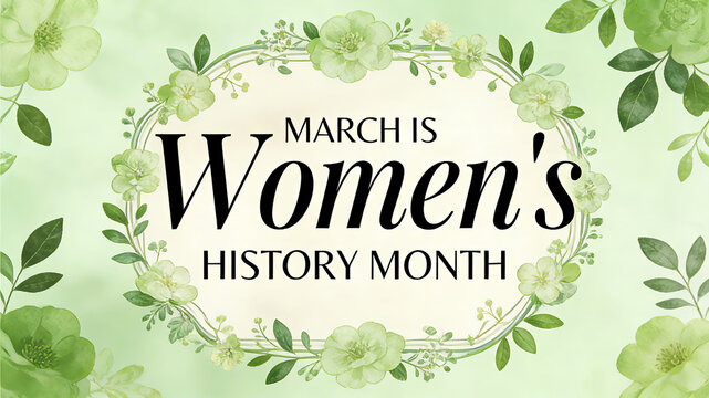 The combination of green plants and flower frames conveys the theme of "Commemorating Women's History" for Women's History Month, suitable for women's themed promotional materials.

