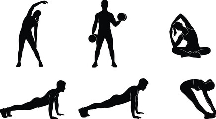 Collection of black silhouette icons depicting various fitness activities including stretching strength training and dynamic warm up exercises for health promotion