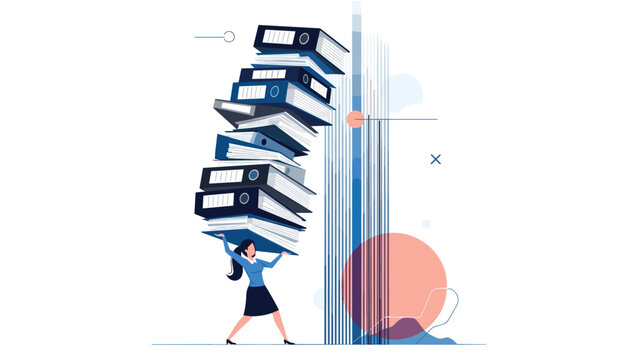 Office worker struggles to carry a massive wobbling stack of blue folders representing heavy workload, bureaucracy, and document management issues.