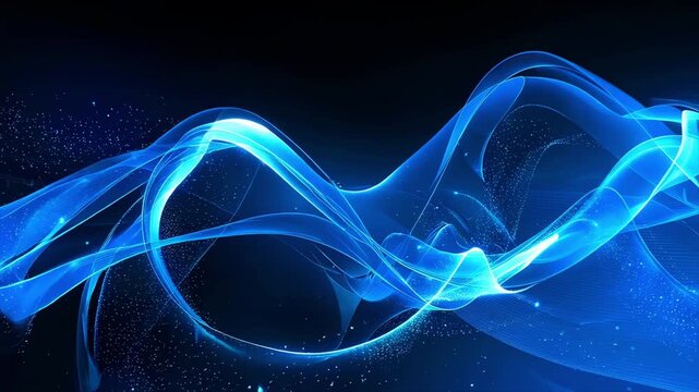 青い光の波動と粒子が舞うデジタル背景 360度オービット