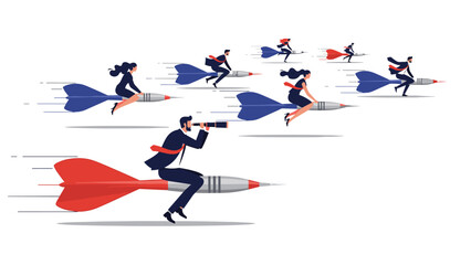 Fototapeta premium Team of business professionals riding giant darts towards target goals representing high speed strategy and successful market reach.