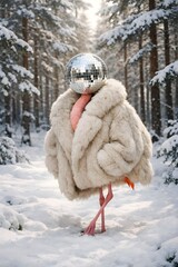 Disco-Ball Flamingo in Faux-Fur Coat (Snowy Forest)
