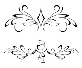 Two decorative symmetrical ornaments with stylized leaves and an ornate pattern; graphic design