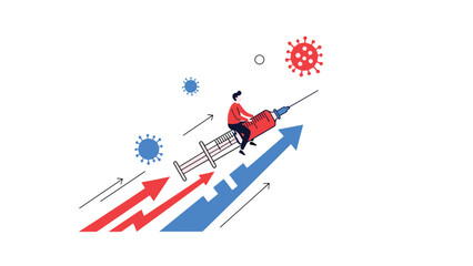 Person riding large syringe like a rocket towards virus cells representing vaccination efforts, medical immunization, and disease control.