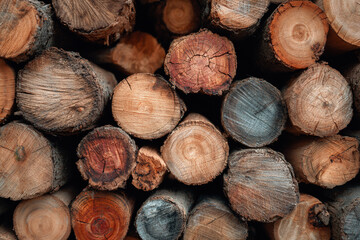 A close up view of stacked wood logs with visible growth rings and rough textures
