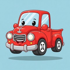 Smiling cartoon red pickup truck vehicle.