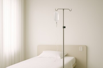Hospital room bed with iv drip stand and fluid bag, medical infusion therapy equipment hospital.