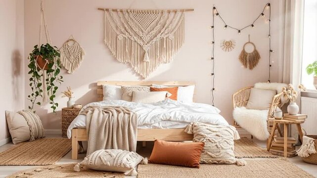Cozy Bohemian Bedroom Decor with Macrame Wall Hanging and String Lights.