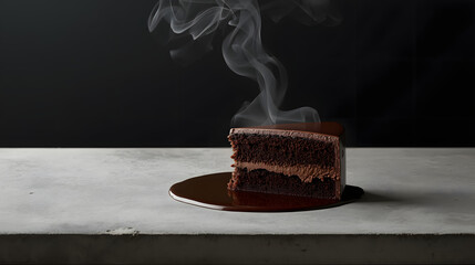 Delicious moist chocolate cake slice steaming on slate high-resolution photo