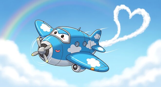 Cartoon Airplane Skywriting Heart in Blue Sky with Rainbow.