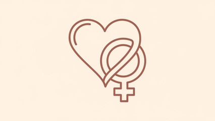Intertwined heart and female symbol in brown on soft peach background representing love equality and feminism with feminist and social issue
