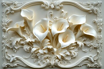 Ornate three dimensional carving features a cluster of elegant white blooms within a sculpted frame