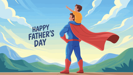 A proud superhero father carries his son while pointing towards adventure on Fathers Day