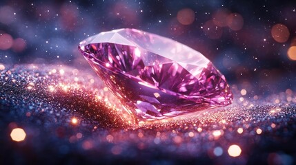 Obraz premium Exquisite Pink Diamond Resplendent With Sparkles and Bokeh Lights On Dark Textured Surface With Glittering Dust Particles Illuminating The Gemstone