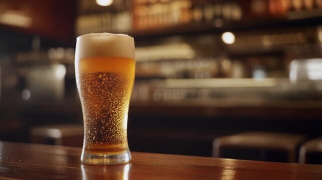 居酒屋カウンターの泡立つ生ビール動画