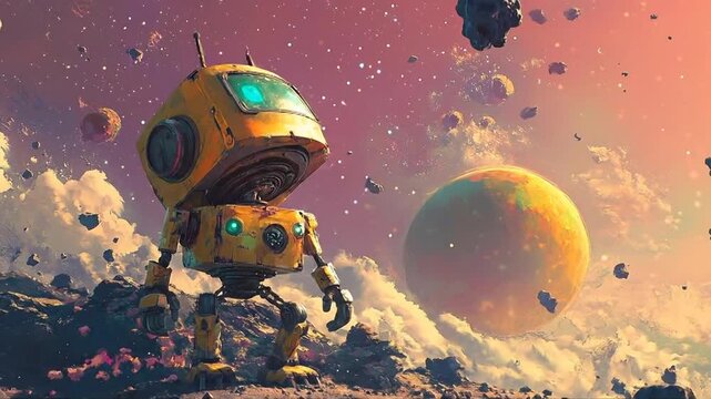Cute Robot Exploring Alien Planet with Asteroids and Distant World.