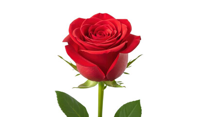 Fototapeta premium Vibrant red rose flower on stem, blooming scarlet rosebud with green leaves, elegant floral element isolated on white background, romantic botanical PNG