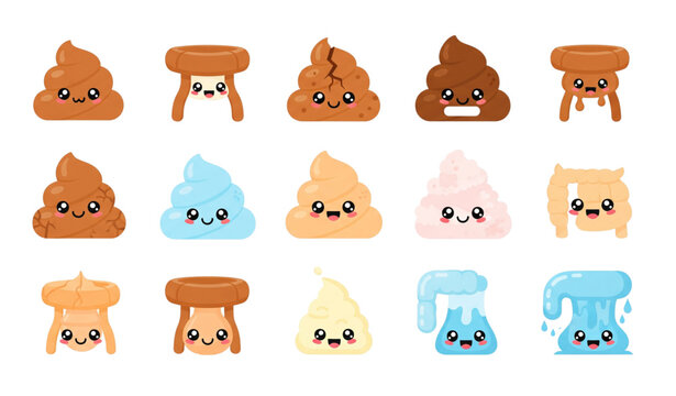Kawaii poop emoji characters for stool type chart flat vector collection isolated on transparent background