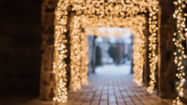 Enchanting Illuminated Walkway: A Winter Scene Brimming with Warm Festive Lighting