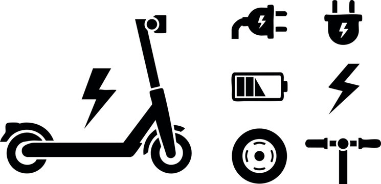 Electric scooter and battery charging icons set with lightning bolt symbols in black vector design