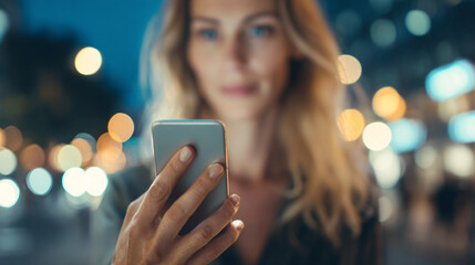 Woman holding smartphone in city at night with bokeh lights, digital communication and modern technology lifestyle.