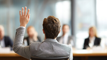 Businessman raising hand during conference meeting, corporate discussion and leadership concept.