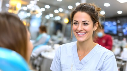 Female dentist conversing warmly with patient in sleek dental office, offering professional care and tailored oral health guidance during medical consultation