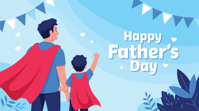 Father and son in superhero capes with the son raising his hand on Happy Fathers Day - Powered by Adobe