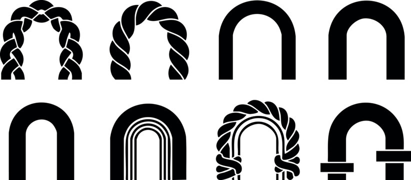 Set of black simple and stylized arch shapes vector icons design elements for graphic projects