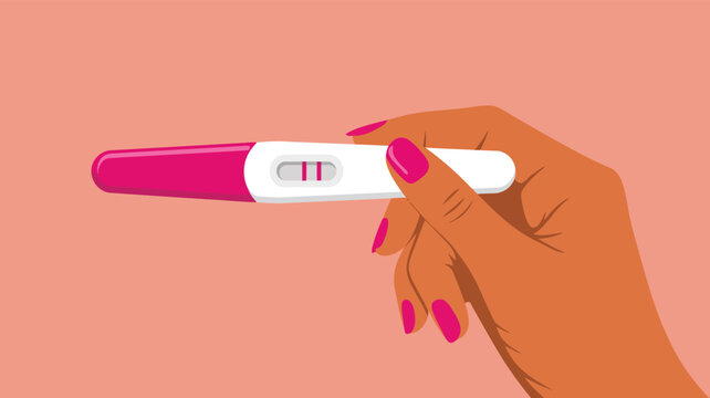 Female hand holding a positive pregnancy test with two vibrant pink lines against a soft peach background