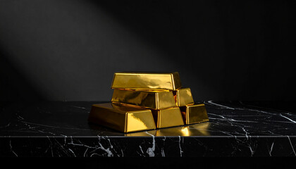 黒大理石の上に積み重ねられた金の延べ棒