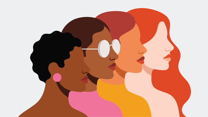 Fototapeta premium Profiles of four strong diverse women standing together representing unity and empowerment for all
