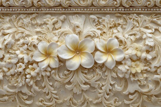 Intricate floral bas-relief carving displays sculpted tropical blossoms against an ornate background