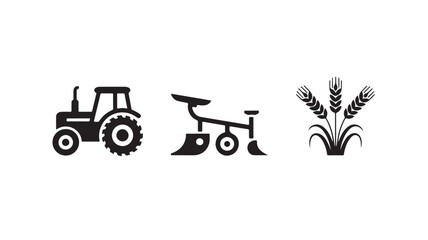 Tractor and Plow with Wheat Ears in Simple Monochrome Silhouette for Agricultural Use