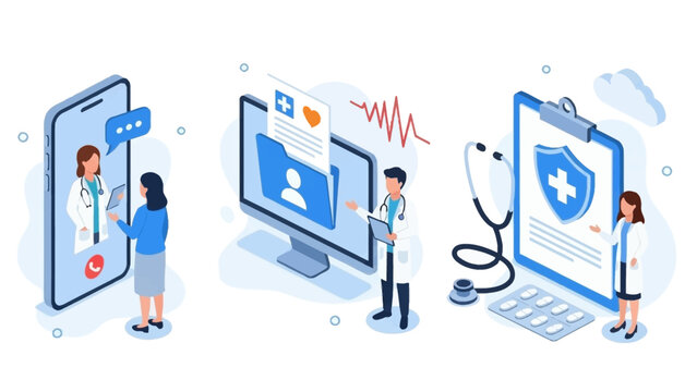 Vector illustration depicting innovative digital healthcare services, featuring online doctor consultations, electronic medical records, and health insurance concepts.