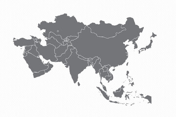 High-Contrast grey Silhouette Map of Asia with Country Borders.