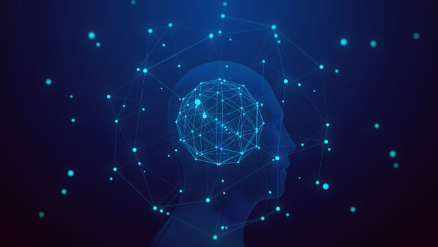 AI brain blue abstract background with glowing lights