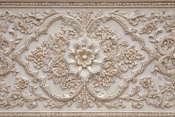 Ornate, detailed plaster relief carving displays traditional floral motifs and symmetrical patterns.