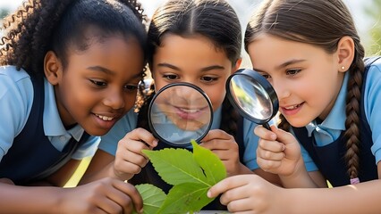 Three diverse schoolgirls enthusiastically explore nature with magnifying glasses, discovering the intricate details of a green leaf during an outdoor science lesson