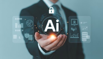 A businessman holding a glowing AI sphere with various digital icons representing security, global reach, data, and finance.