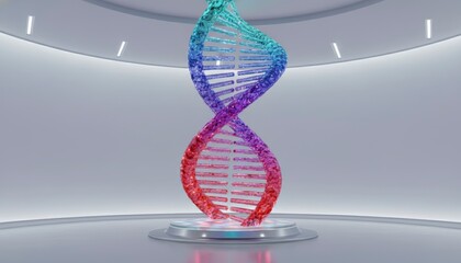 Futuristic display of colorful crystalline DNA double helix in a sterile lab